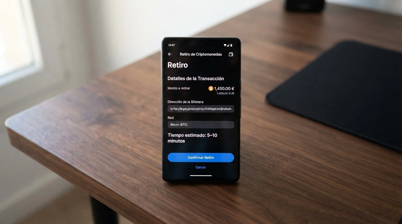 Pantalla de retiro en criptomonedas con tiempo estimado de 5-10 minutos y dirección de wallet