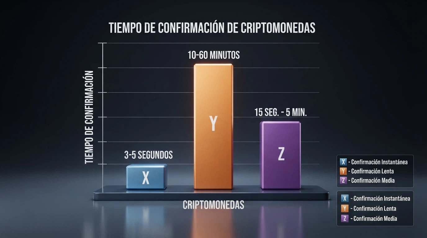 Gráfico de barras comparando tiempos de confirmación en la red: XRP 3-5 segundos, Bitcoin 10-60 minutos, Ethereum 15 segundos-5 minutos