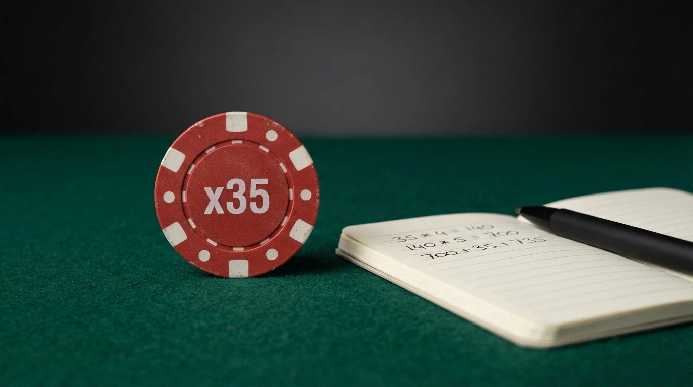 Primer plano de una tabla con cifras de apuesta y un calendario, junto a una ficha de casino con el símbolo «x35» grabado