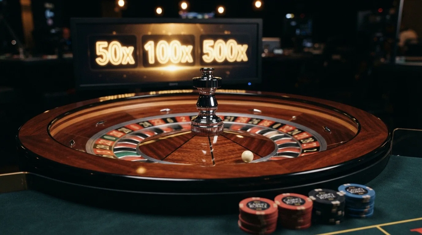 Mesa de ruleta en vivo con crupier real, primeros planos de la rueda y multiplicadores en pantalla