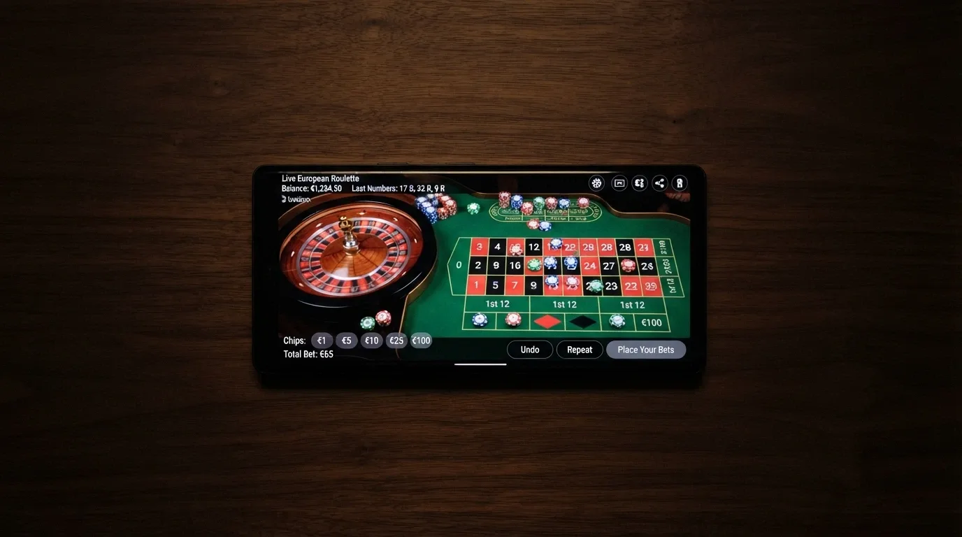 Teléfono móvil en orientación horizontal mostrando una mesa de ruleta en vivo con la interfaz de apuestas adaptada