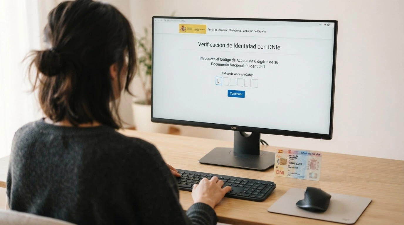 Pantalla de ordenador mostrando el formulario de solicitud de baja del RGIAJ en la sede electrónica de la DGOJ con un DNI electrónico junto al teclado