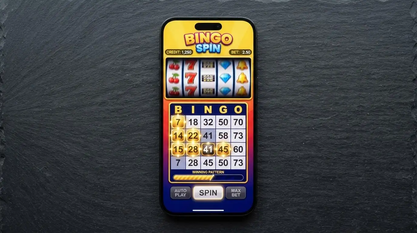 Interfaz de una slot de bingo que muestra simultáneamente los rodillos girando y un cartón de bingo completándose en la misma pantalla