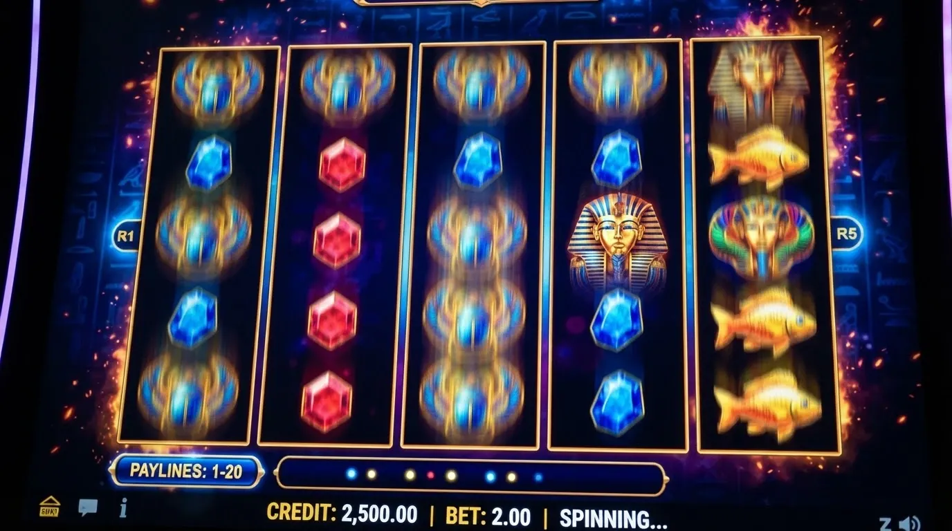 Pantalla de slot online con colores vibrantes, rodillos girando y varios símbolos alineados en una combinación ganadora