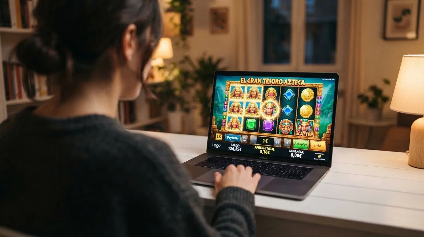 Interfaz de una tragaperras online con la apuesta mínima de 0,10€ visible en pantalla
