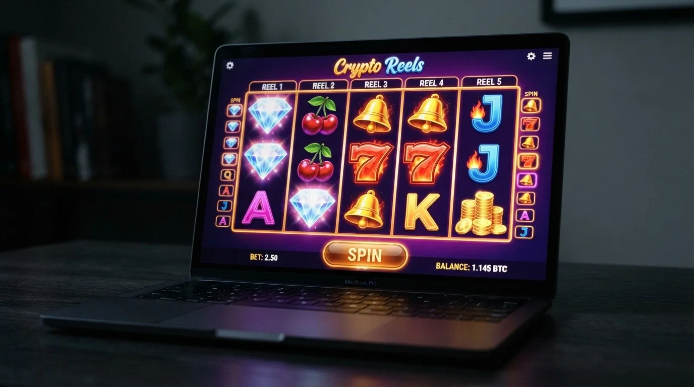 Una cuadrícula de tragamonedas digital con símbolos de frutas, diamantes y el logo de BCH en la interfaz