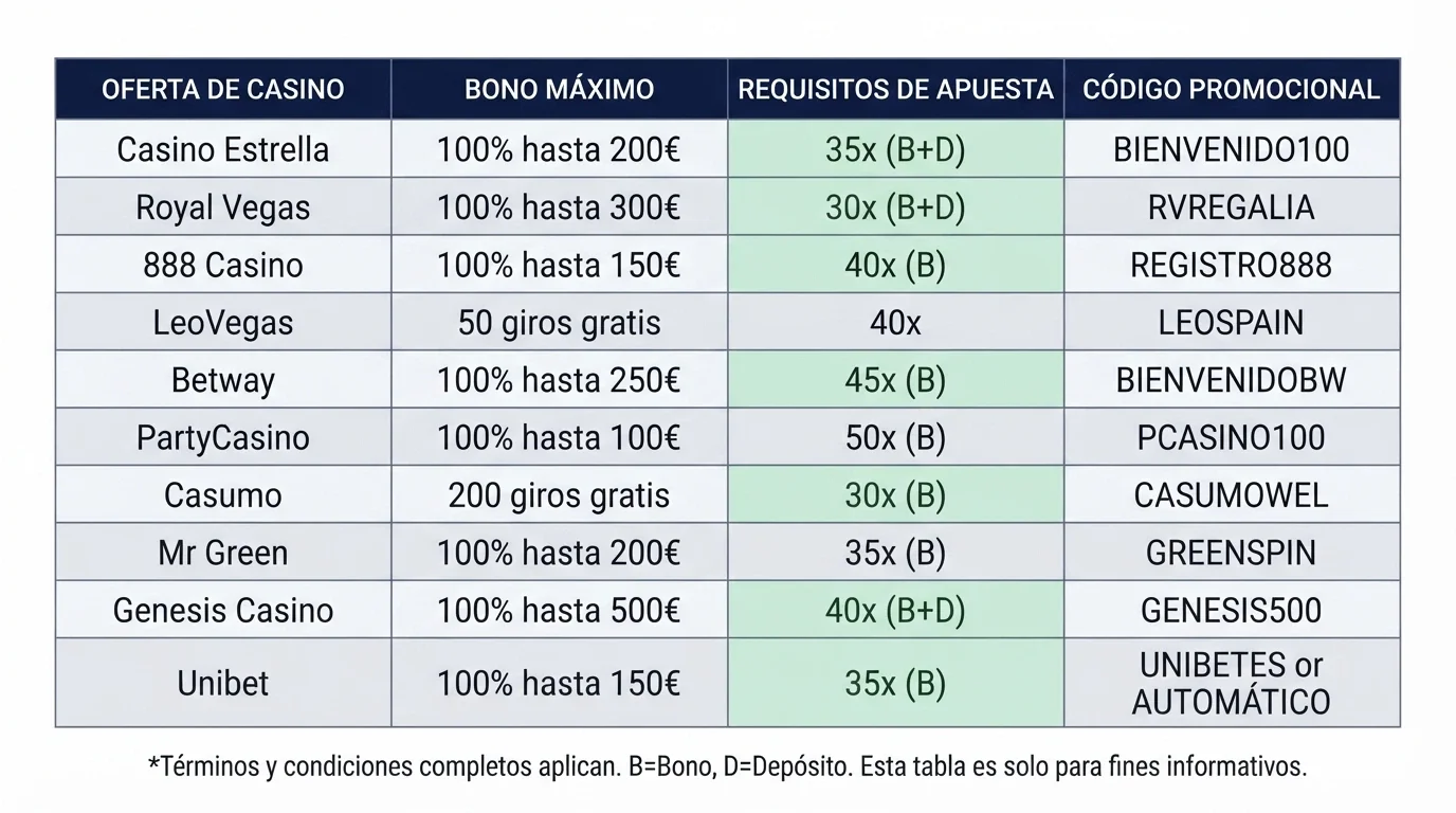 Una tabla comparativa con columnas de operador, bono, requisito de apuesta y validez, destacando en color las condiciones más favorables