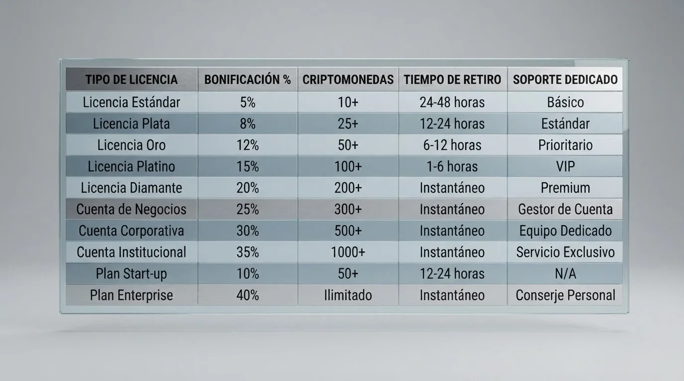 Tabla con filas de operadores y columnas de licencia, bono, criptomonedas aceptadas y velocidad de retiro