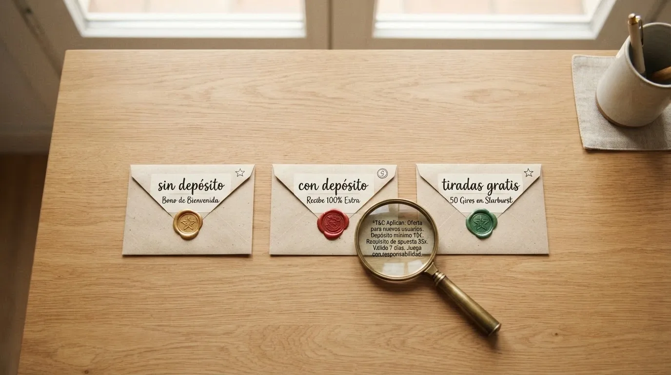 Varios sobres de regalo etiquetados con distintos tipos de bono — sin depósito, con depósito, tiradas gratis — sobre una mesa con una lupa que revela la letra pequeña de sus condiciones