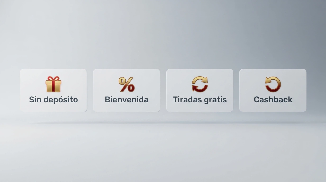 Cuatro tarjetas comparativas con los tipos de promoción: sin depósito, bienvenida, tiradas gratis y cashback