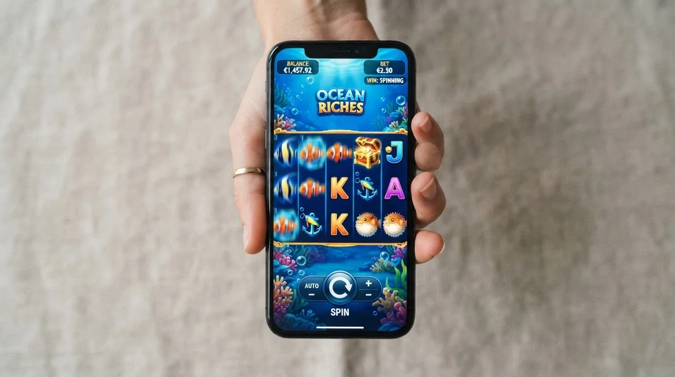 Una mano sosteniendo un smartphone en vertical con la interfaz de una tragaperras de casino español funcionando a pantalla completa, con los carretes girando