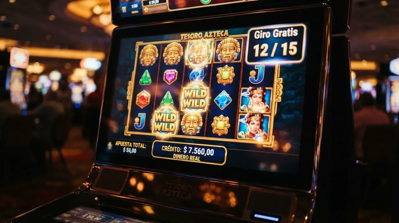 Primer plano de una tragamonedas en pantalla con el contador de tiradas gratis activo y el saldo en «dinero real» resaltado