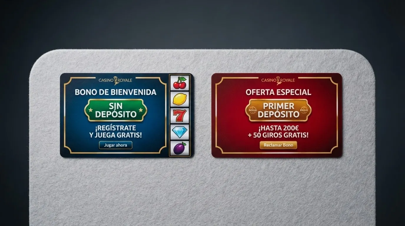 Comparación visual de dos ofertas de casino: una con la etiqueta «sin depósito» y otra con «primer depósito», sobre el mismo slot