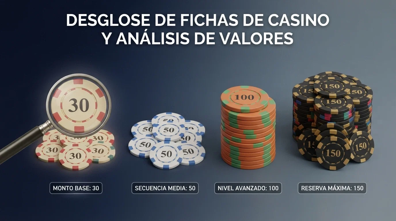 Comparativa visual de cuatro montones de fichas de distinto tamaño etiquetados 30, 50, 100 y 150, con una lupa sobre la letra pequeña de uno de ellos.