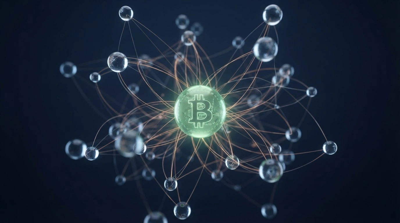 Una representación visual de la blockchain con nodos conectados y el símbolo de BCH destacado en primer plano