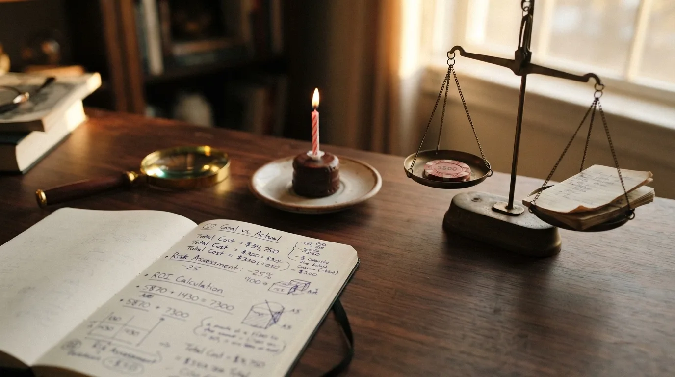 Una calculadora junto a una copa de cumpleaños con el logo de un casino, con una balanza que pesa un billete contra un calendario y una lupa sobre las condiciones
