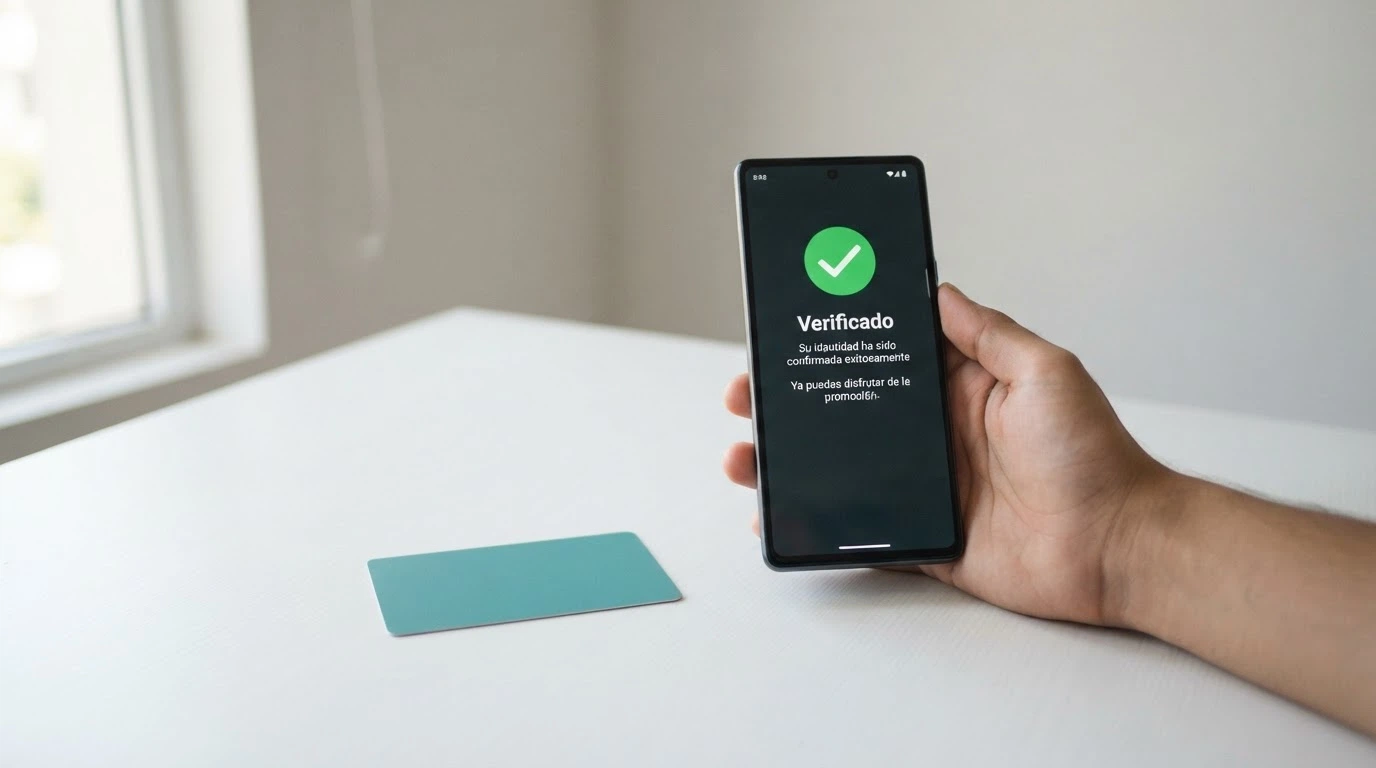 Documento de identidad junto a un smartphone con la pantalla de verificación de un casino abierta y un check verde de validación