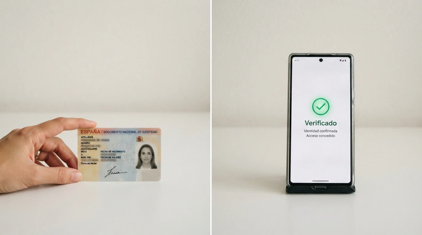 Pantalla dividida: un documento de identidad junto a un teléfono móvil mostrando la interfaz de verificación de un casino online