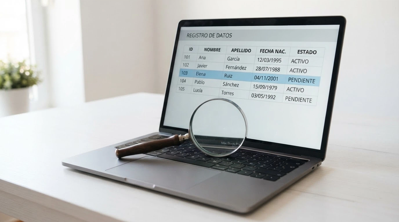 Pantalla del registro público de la Gambling Division con el listado de titulares y una lupa sobre un nombre