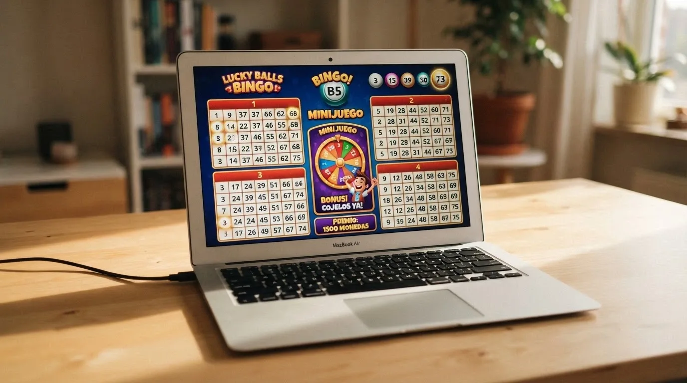 Pantalla de un título de video bingo con cuatro cartones activos, bolas extra en la parte superior y un minijuego activado en el centro