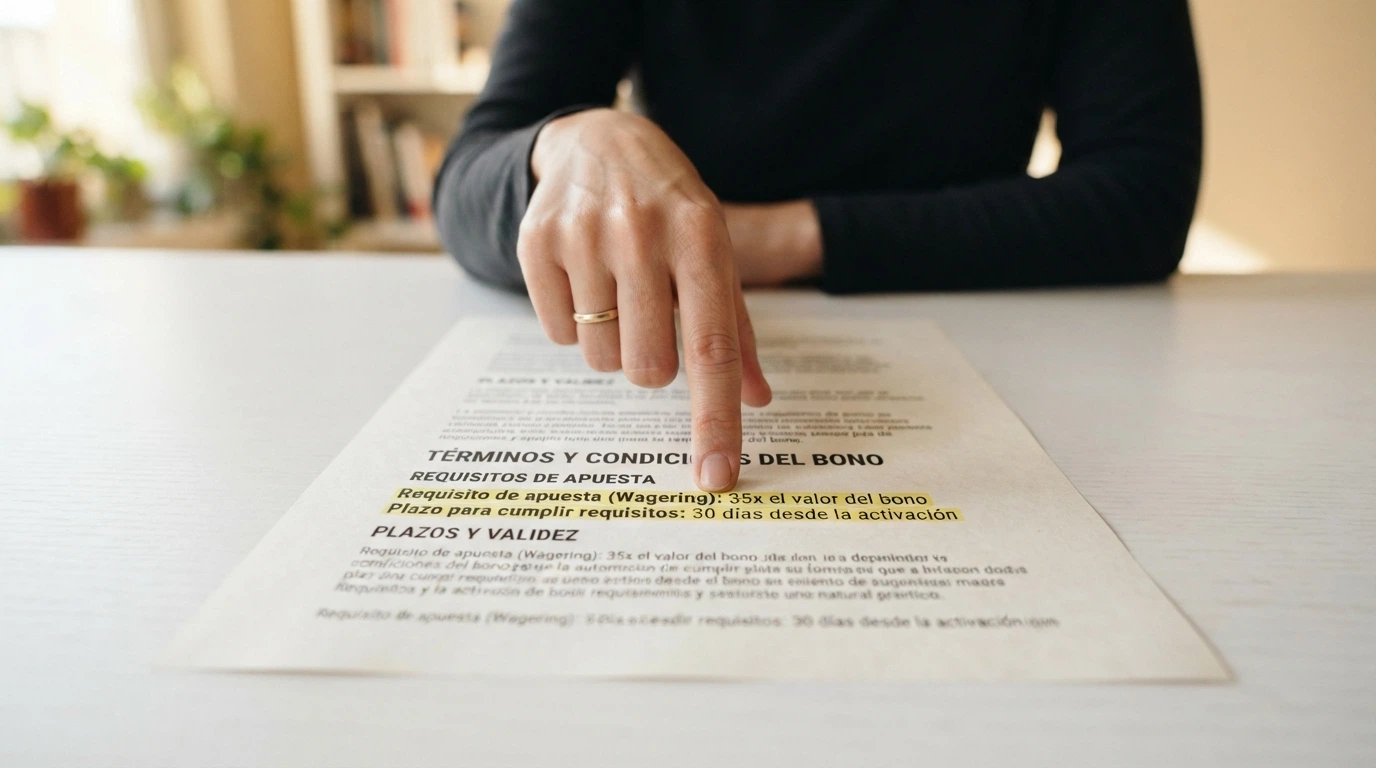 Primer plano de los términos y condiciones de un bono de bienvenida en un casino con BNB: se leen el requisito de apuesta, la caducidad y el límite de retiro