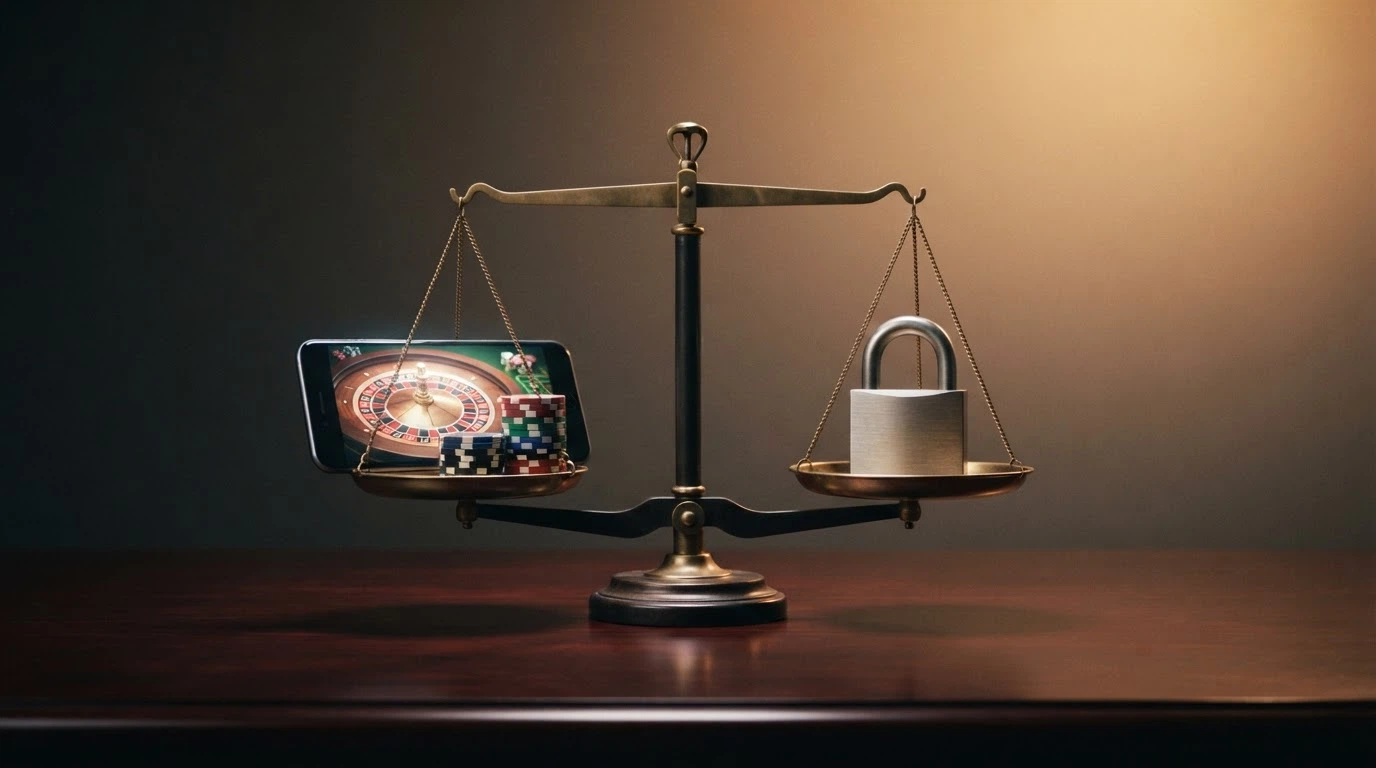 Una cartera digital de XRP junto a la pantalla de un casino online, con una balanza que simboliza el equilibrio entre velocidad y protección